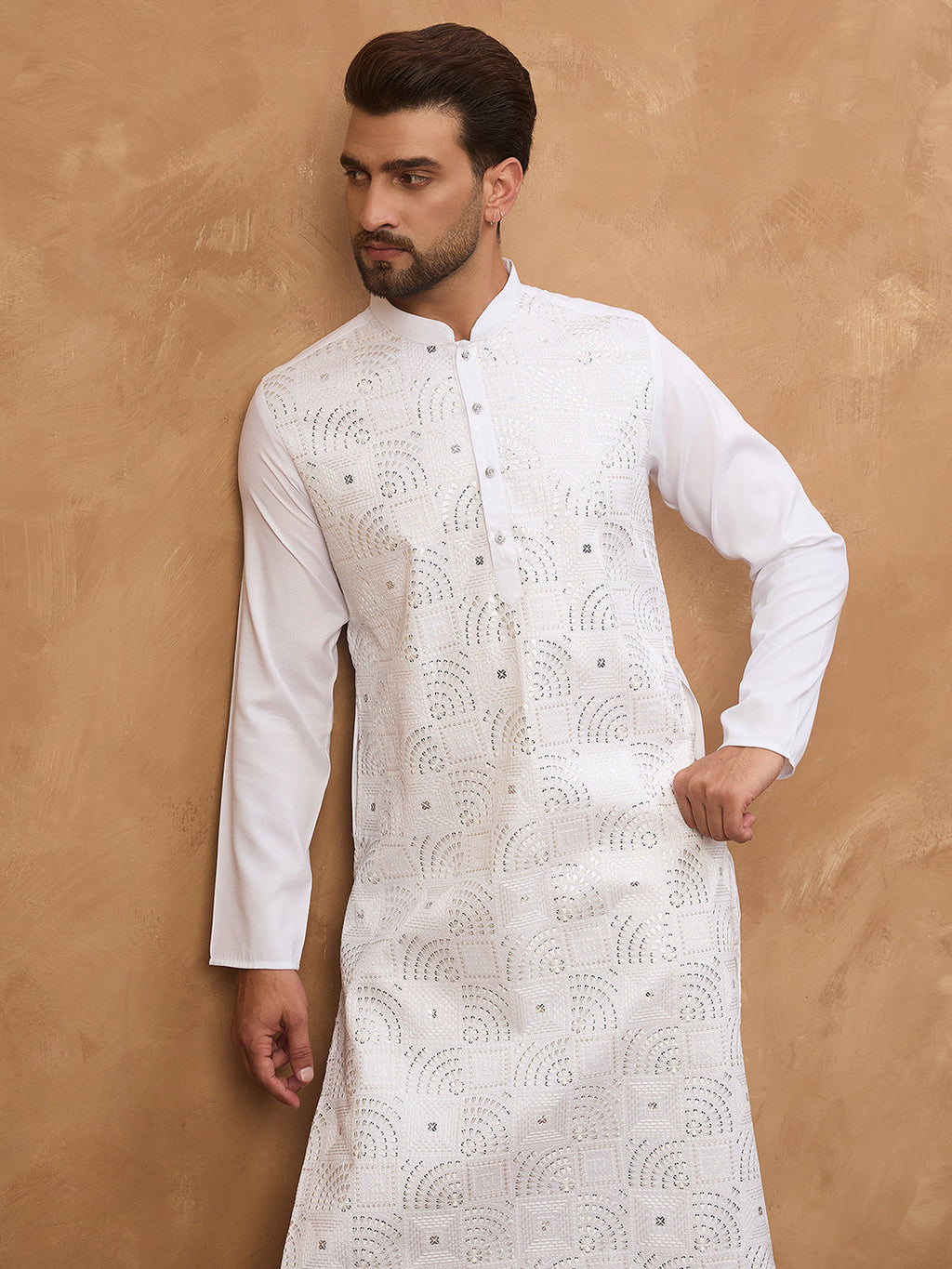 Men White Silk Blend Solid Embroidered Straight Kurta-MKU1444