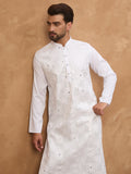 Men White Silk Blend Solid Embroidered Straight Kurta-MKU1444