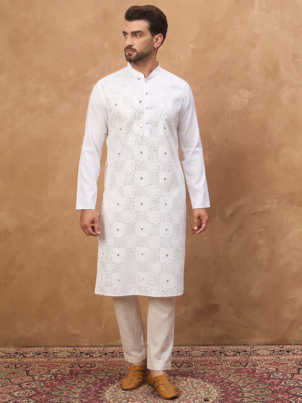 Men White Silk Blend Solid Embroidered Straight Kurta-MKU1444