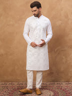 Men White Silk Blend Solid Embroidered Straight Kurta-MKU1444