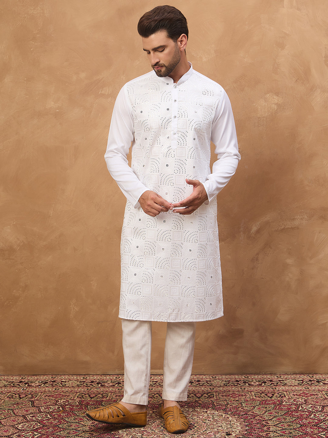 Men White Silk Blend Solid Embroidered Straight Kurta-MKU1444