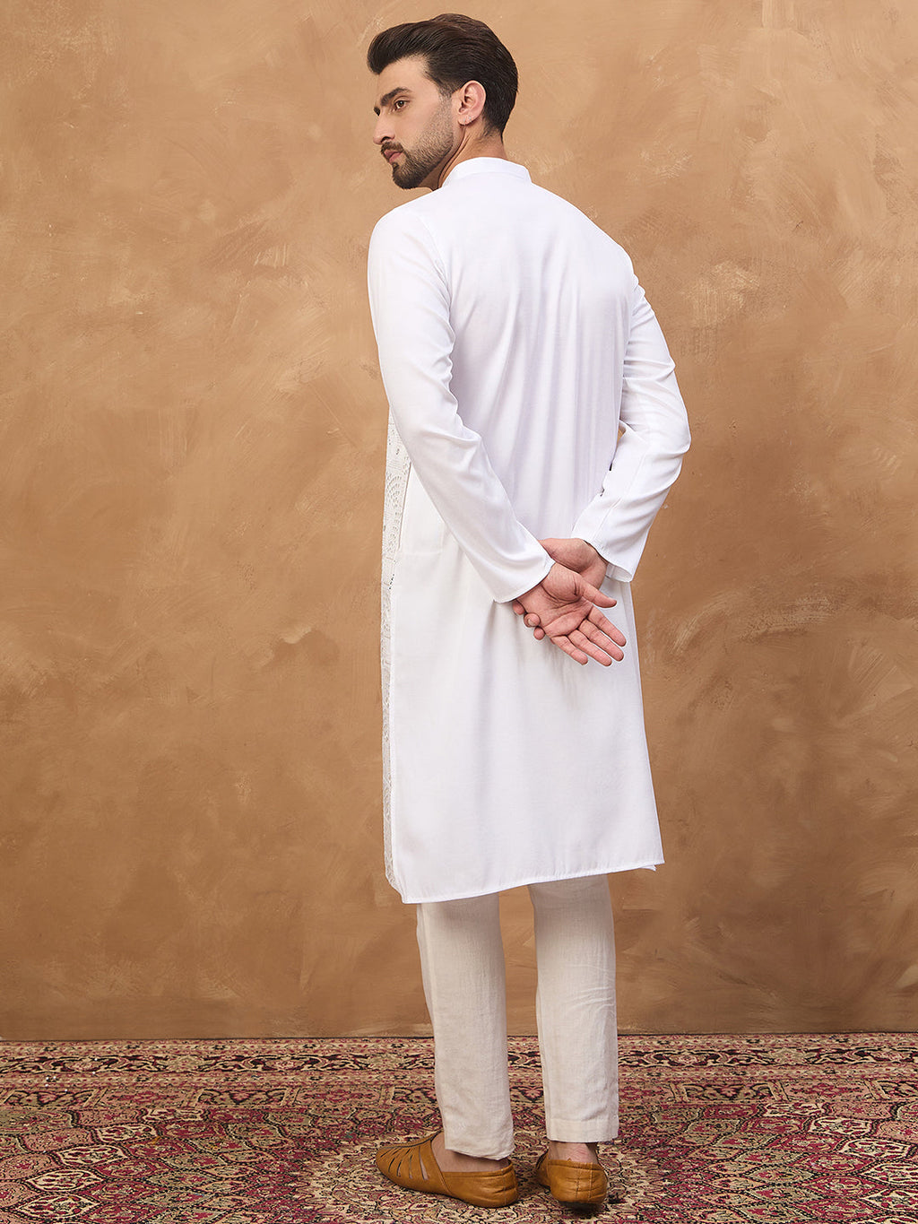 Men White Silk Blend Solid Embroidered Straight Kurta-MKU1444