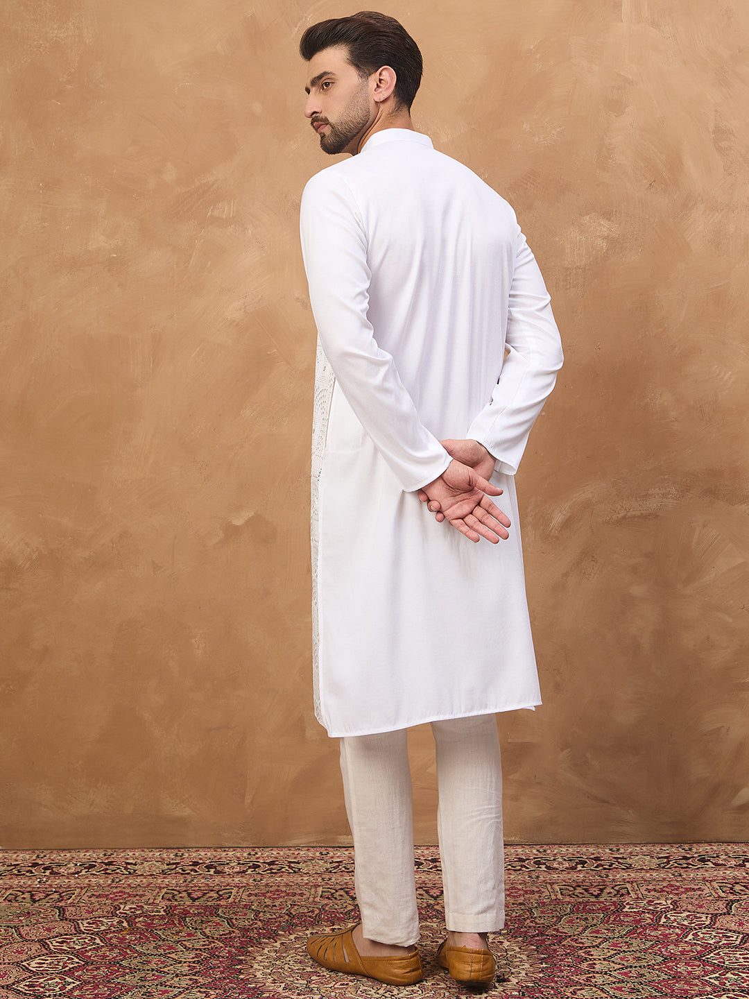 Men White Silk Blend Solid Embroidered Straight Kurta-MKU1444