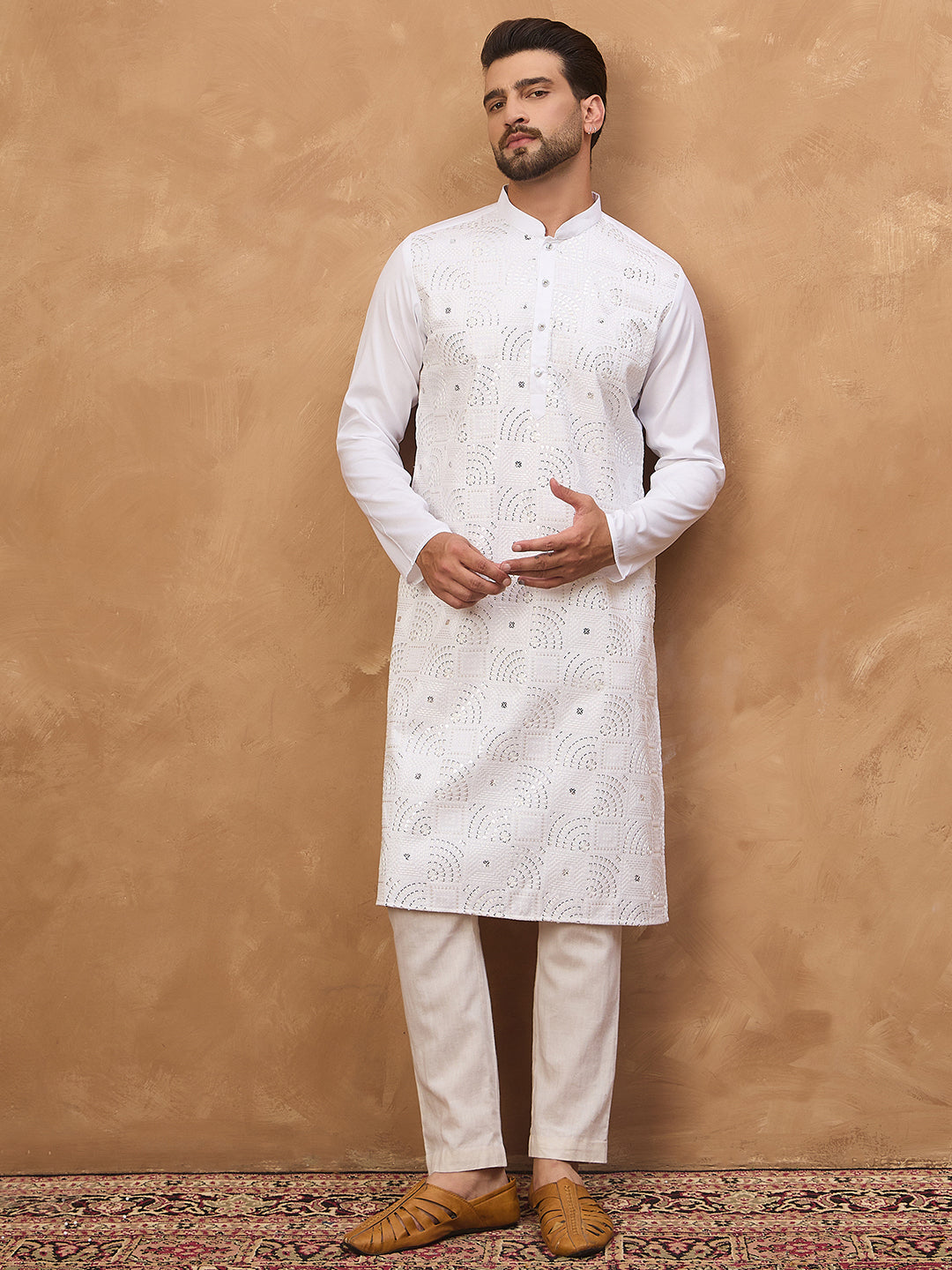 Men White Silk Blend Solid Embroidered Straight Kurta-MKU1444