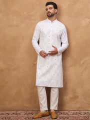 Men White Silk Blend Solid Embroidered Straight Kurta-MKU1444