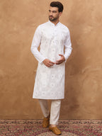 Men White Silk Blend Solid Embroidered Straight Kurta-MKU1444