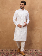 Men White Silk Blend Solid Embroidered Straight Kurta-MKU1444