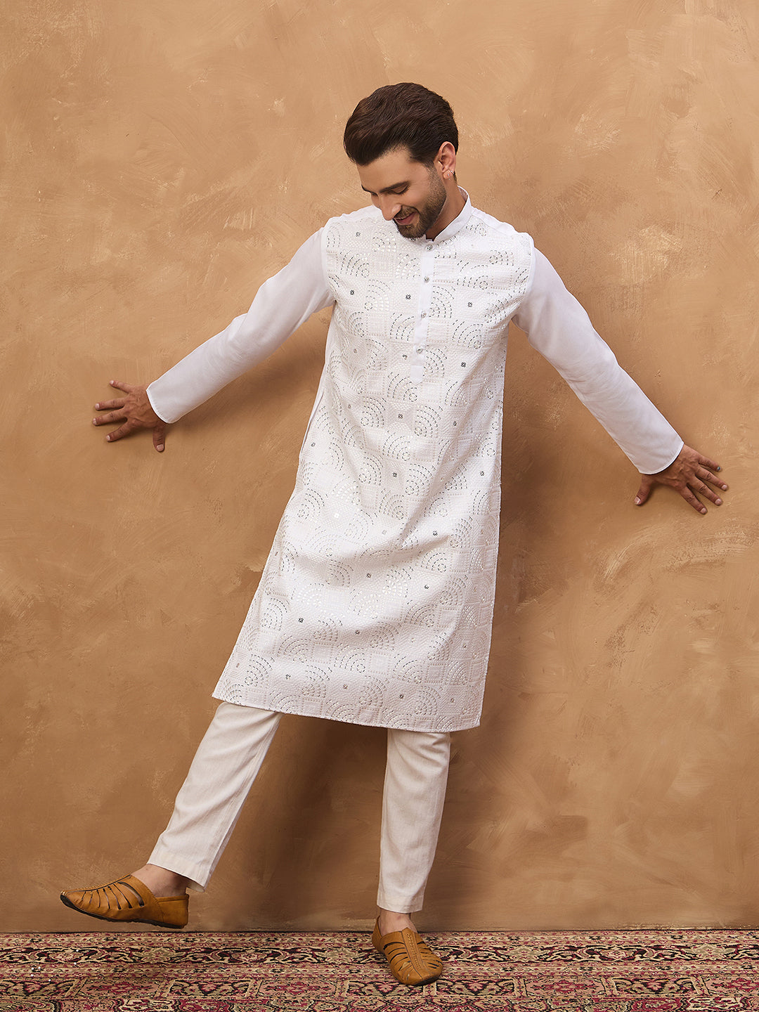 Men White Silk Blend Solid Embroidered Straight Kurta-MKU1444