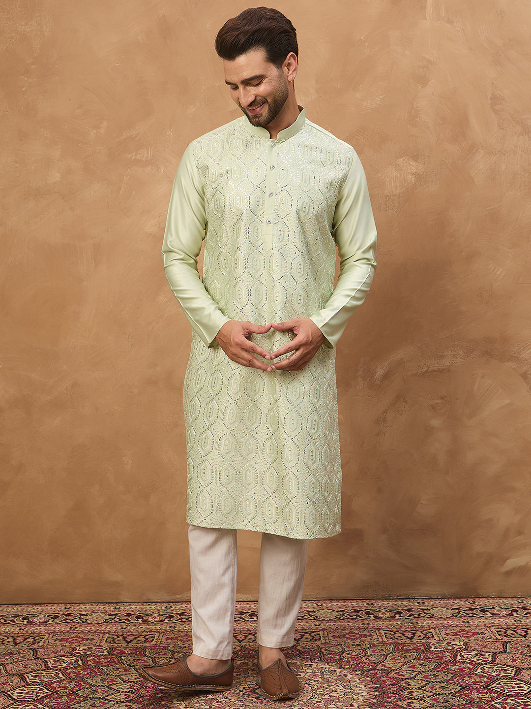 Men Peach Silk Blend Solid Embroidered Straight Kurta-MKU1445