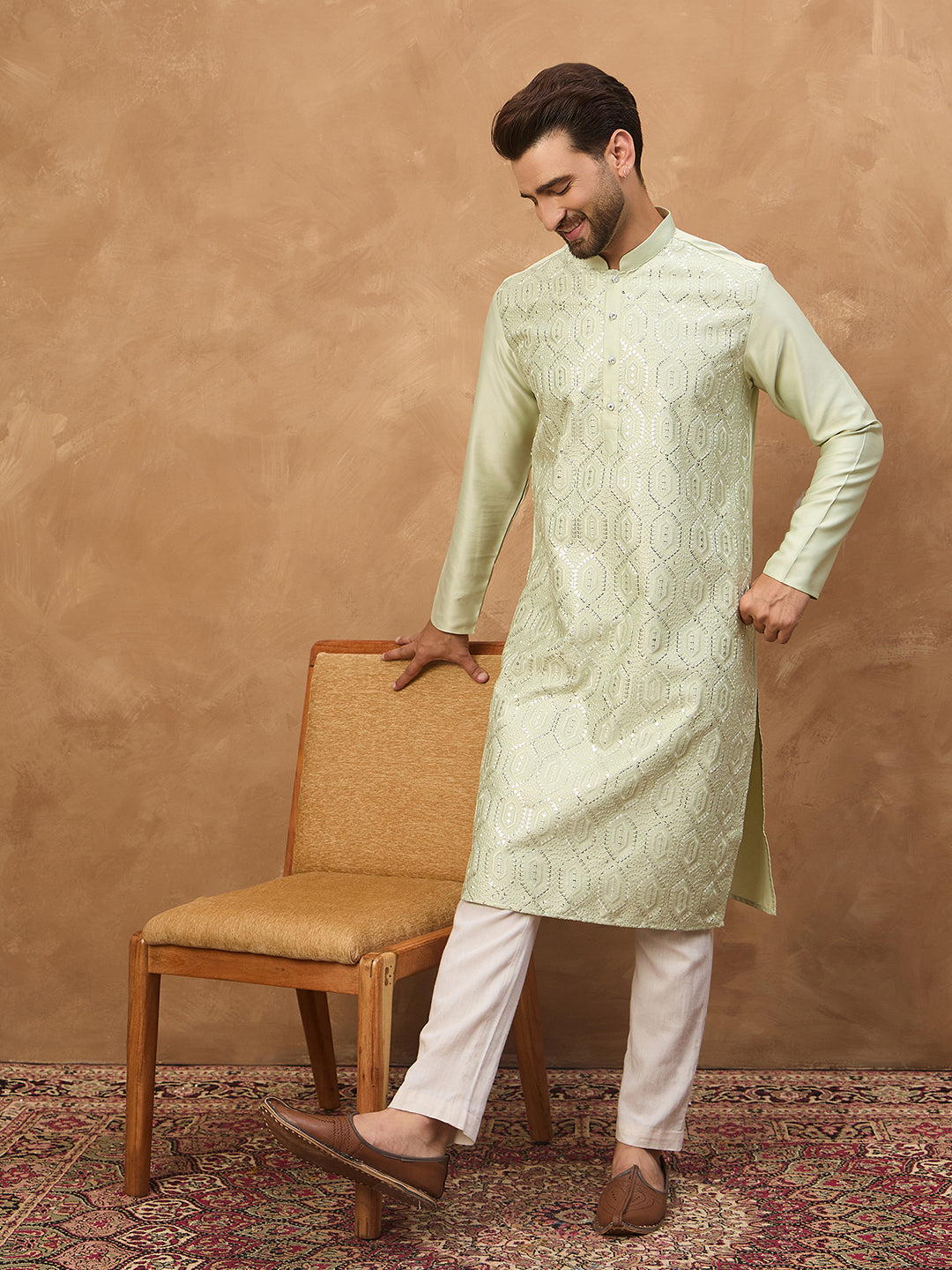 Men Peach Silk Blend Solid Embroidered Straight Kurta-MKU1445