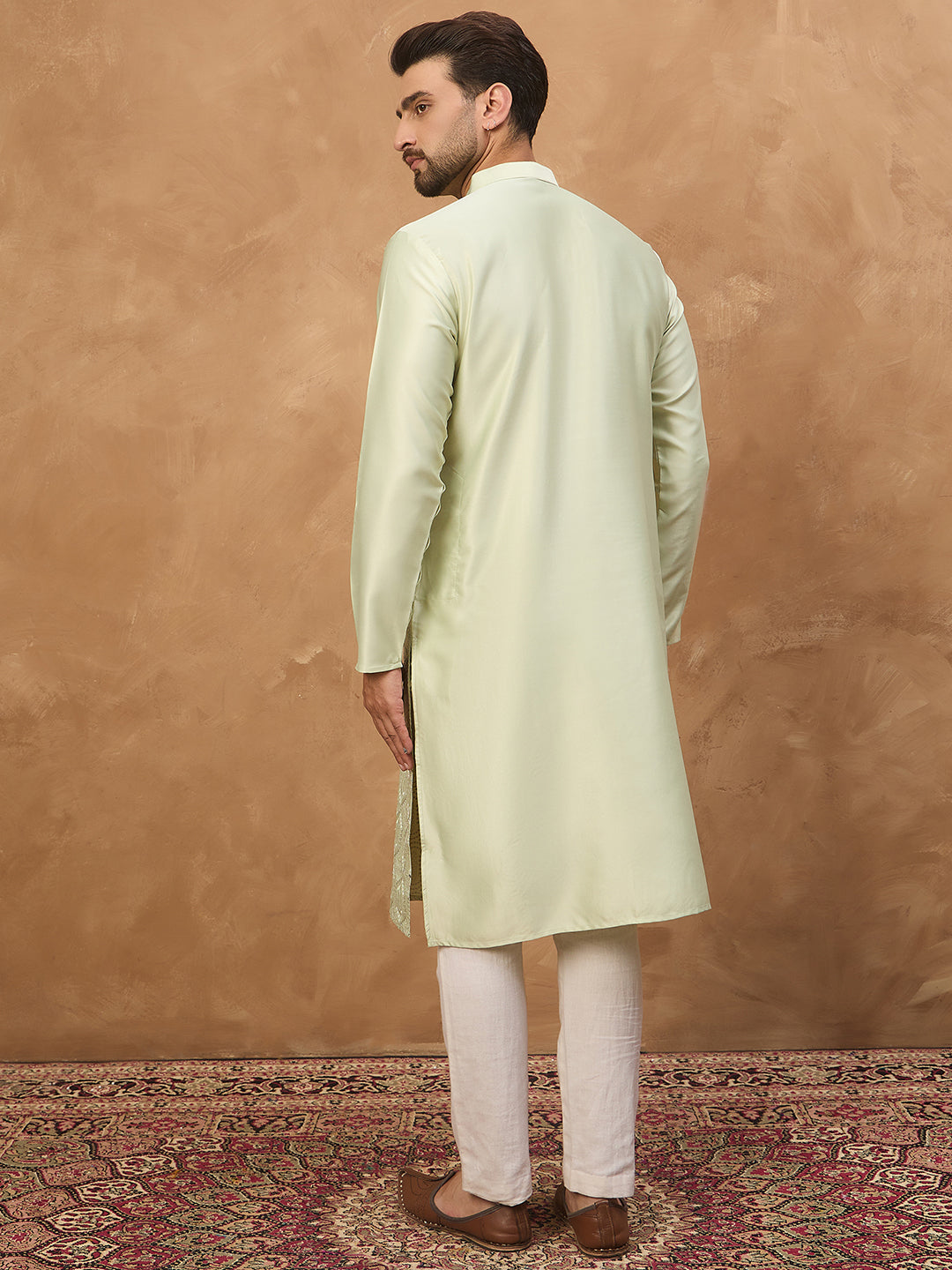 Men Peach Silk Blend Solid Embroidered Straight Kurta-MKU1445