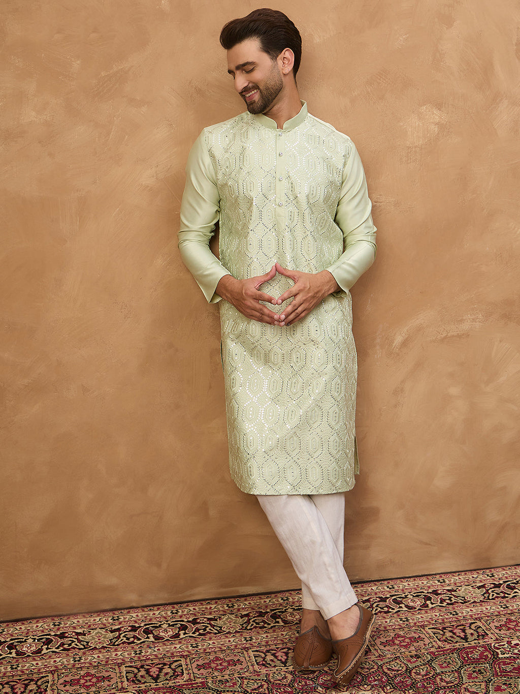 Men Peach Silk Blend Solid Embroidered Straight Kurta-MKU1445