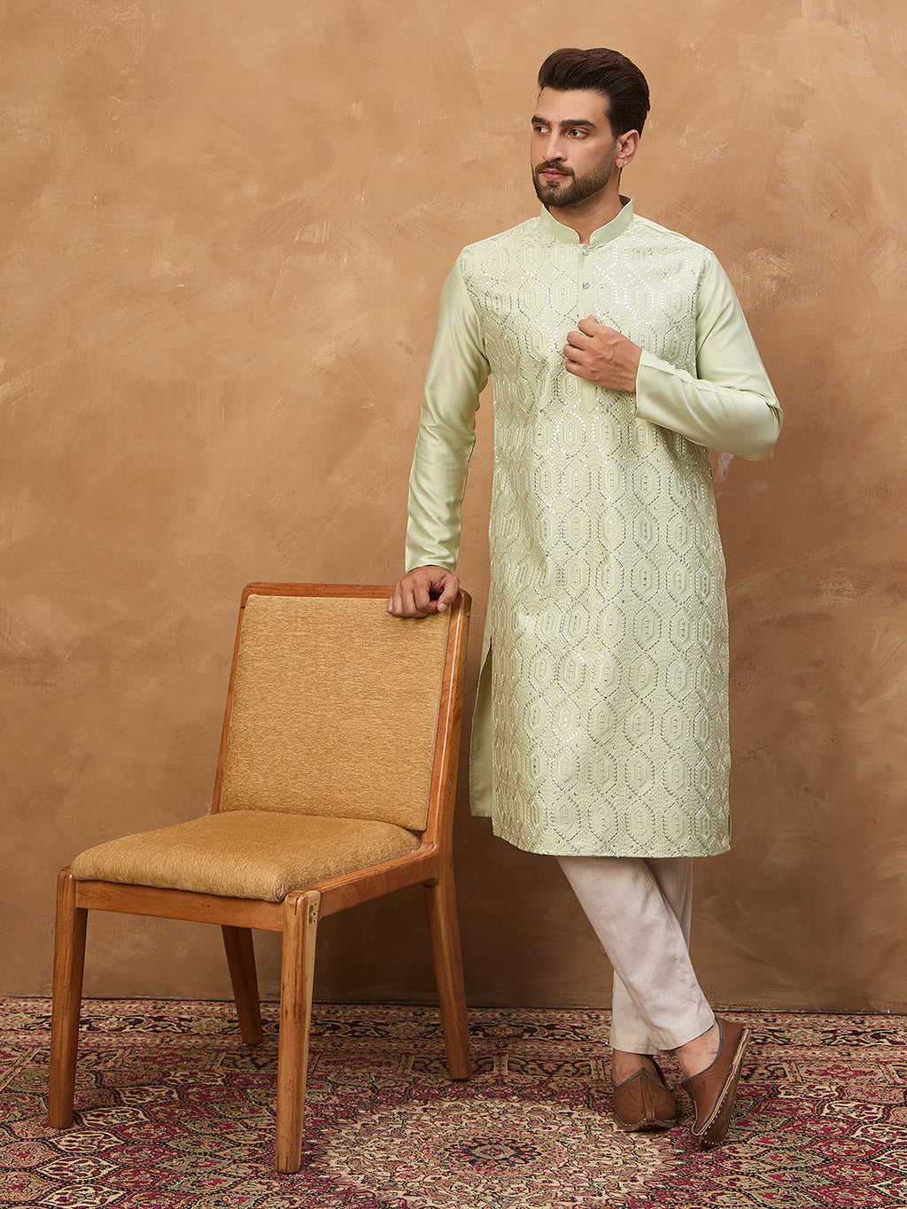 Men Peach Silk Blend Solid Embroidered Straight Kurta-MKU1445