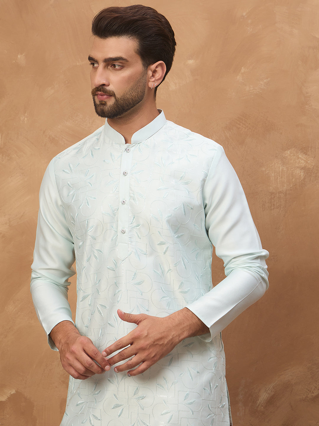 Men Blue Silk Blend Solid Embroidered Straight Kurta-MKU1446