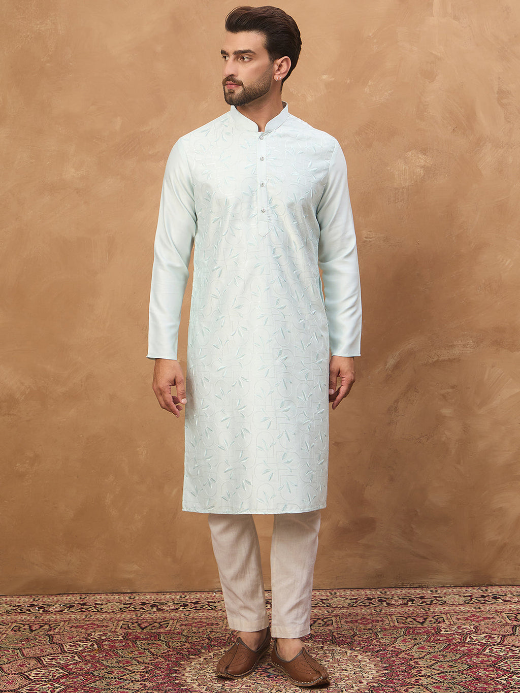 Men Blue Silk Blend Solid Embroidered Straight Kurta-MKU1446