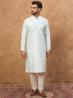 Men Blue Silk Blend Solid Embroidered Straight Kurta-MKU1446