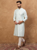 Men Blue Silk Blend Solid Embroidered Straight Kurta-MKU1446