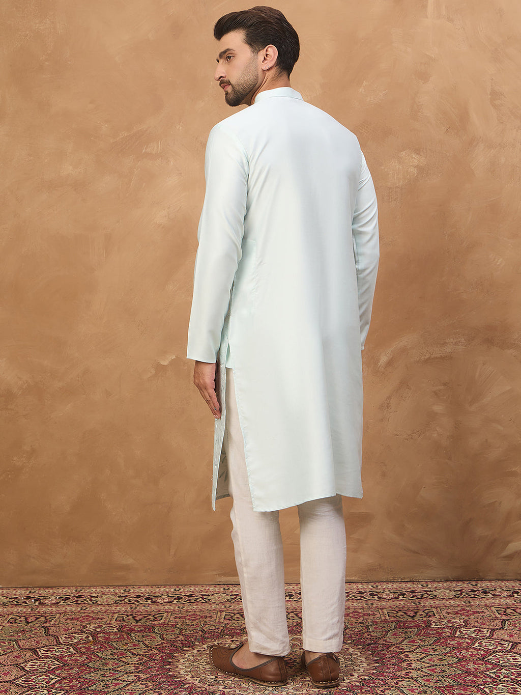 Men Blue Silk Blend Solid Embroidered Straight Kurta-MKU1446
