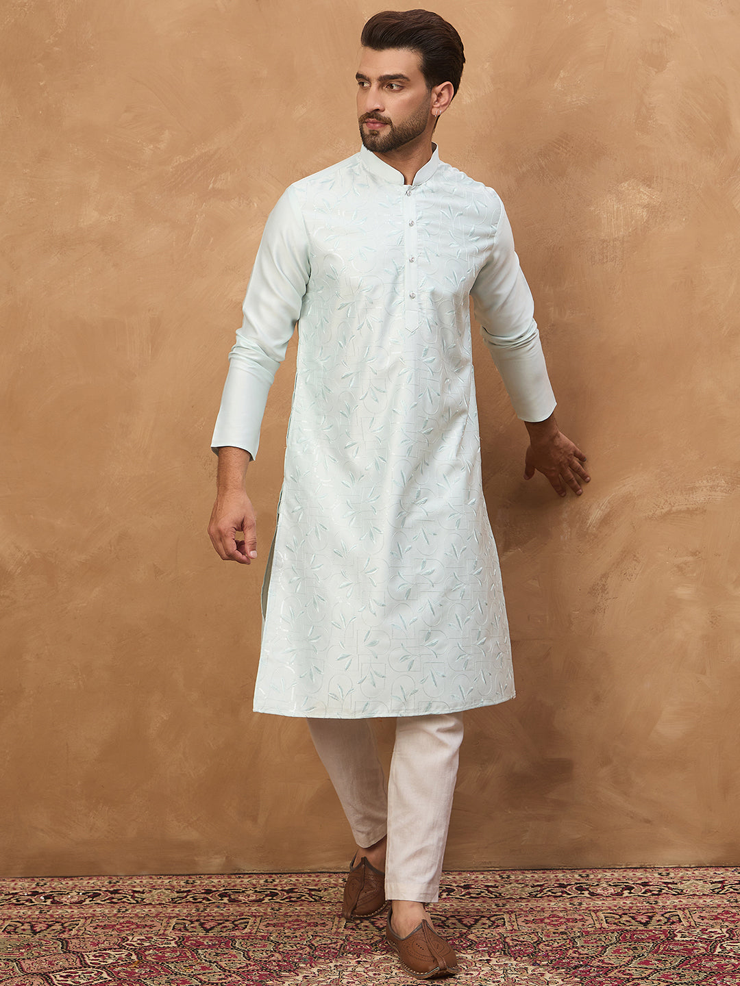 Men Blue Silk Blend Solid Embroidered Straight Kurta-MKU1446