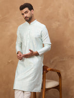 Men Blue Silk Blend Solid Embroidered Straight Kurta-MKU1446