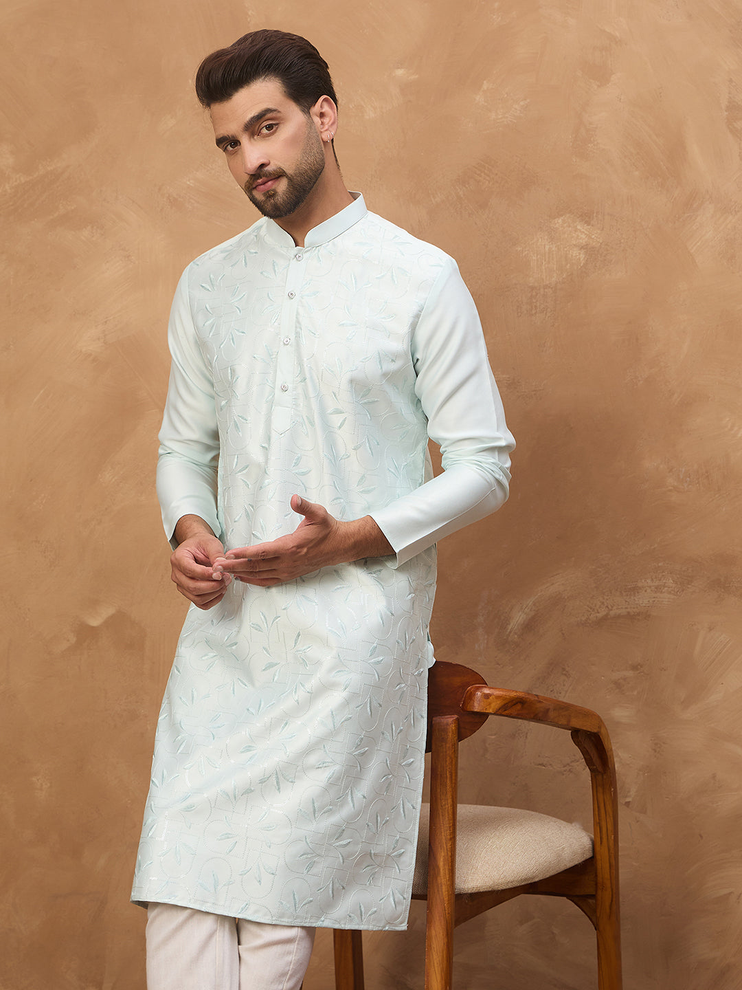 Men Blue Silk Blend Solid Embroidered Straight Kurta-MKU1446