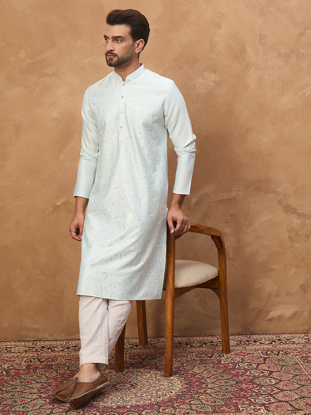 Men Blue Silk Blend Solid Embroidered Straight Kurta-MKU1446