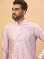 Men Lavender Silk Blend Solid Embroidered Straight Kurta-MKU1447