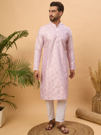 Men Lavender Silk Blend Solid Embroidered Straight Kurta-MKU1447