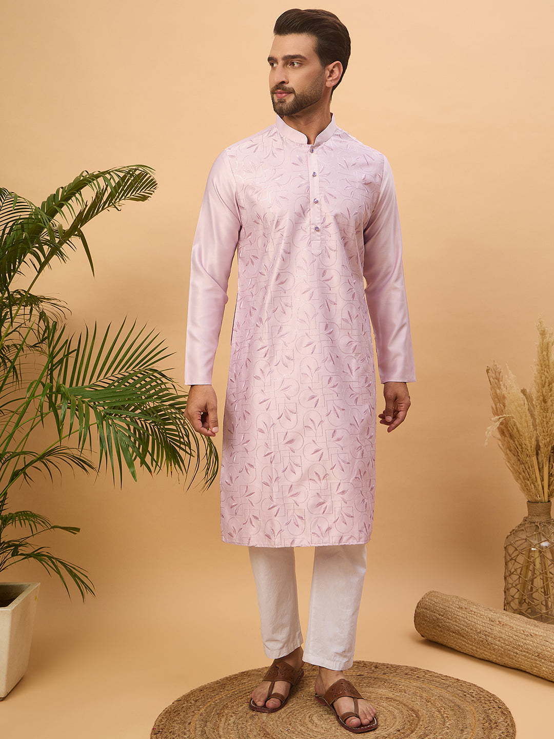 Men Lavender Silk Blend Solid Embroidered Straight Kurta-MKU1447