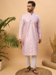Men Lavender Silk Blend Solid Embroidered Straight Kurta-MKU1447