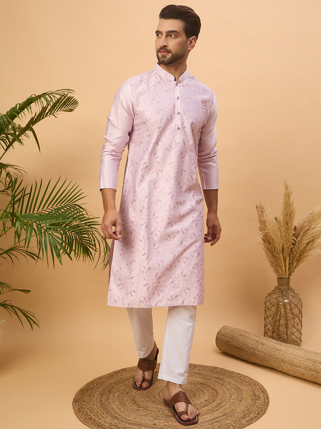 Men Lavender Silk Blend Solid Embroidered Straight Kurta-MKU1447