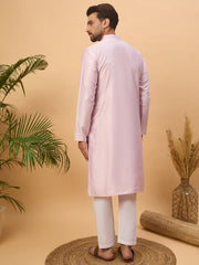 Men Lavender Silk Blend Solid Embroidered Straight Kurta-MKU1447