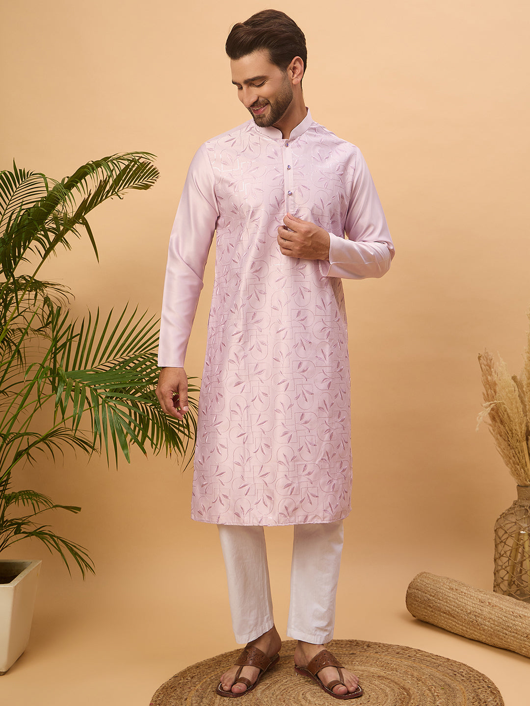 Men Lavender Silk Blend Solid Embroidered Straight Kurta-MKU1447