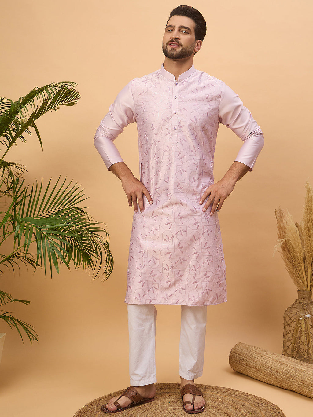 Men Lavender Silk Blend Solid Embroidered Straight Kurta-MKU1447