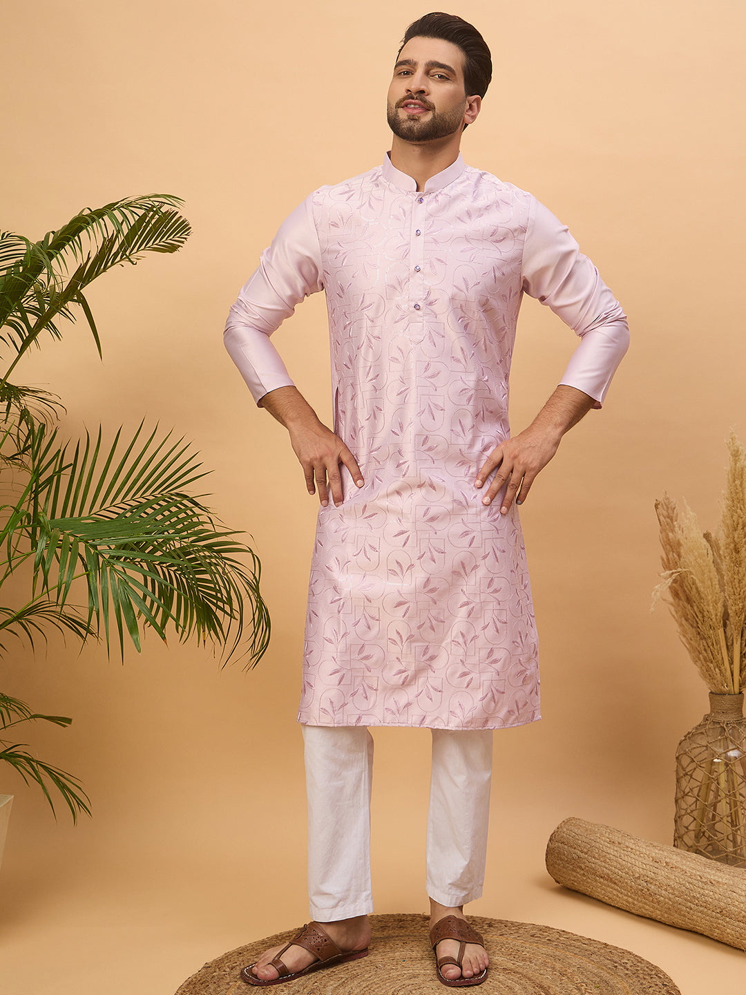 Men Lavender Silk Blend Solid Embroidered Straight Kurta-MKU1447