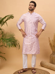 Men Lavender Silk Blend Solid Embroidered Straight Kurta-MKU1447