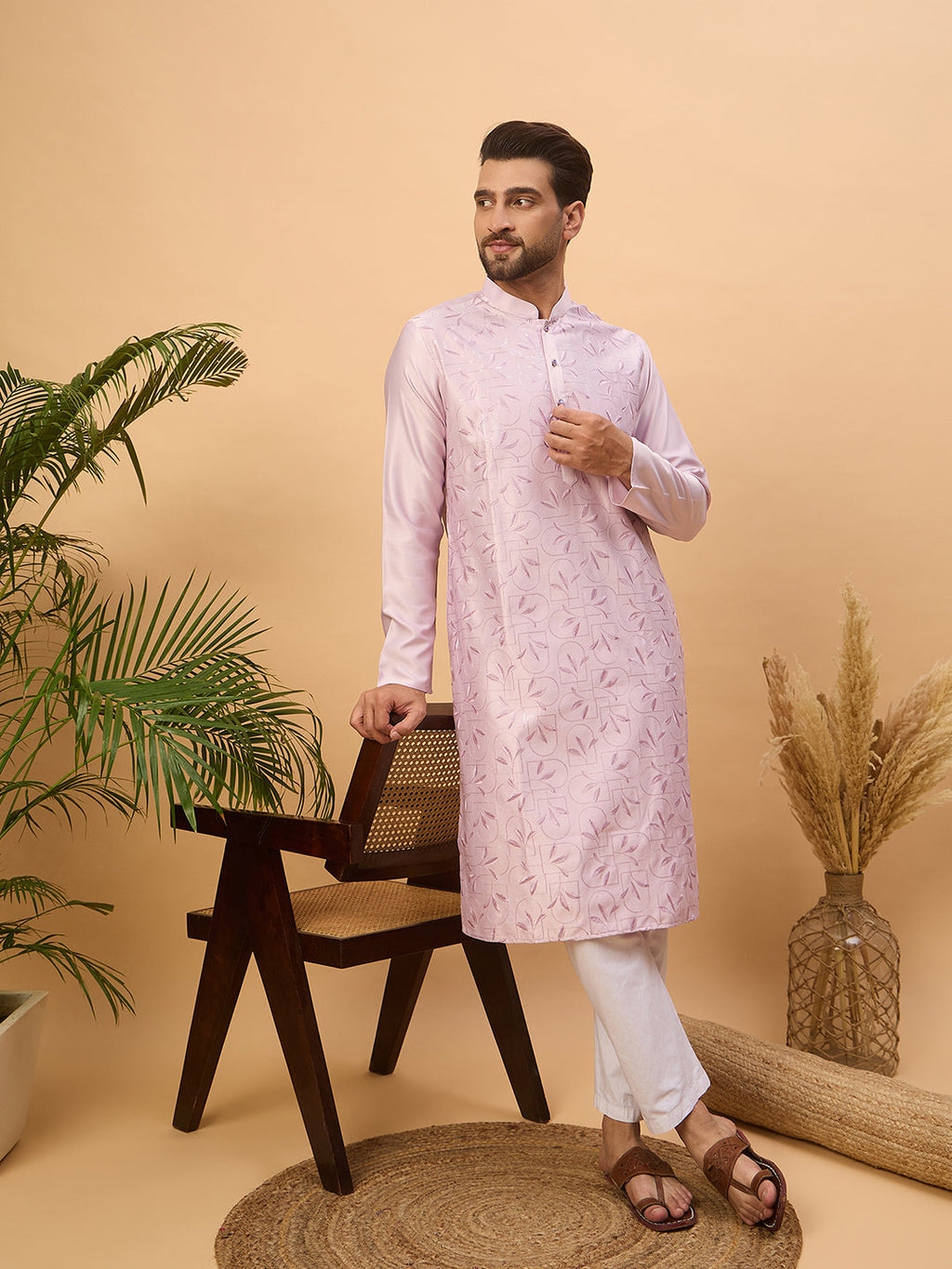 Men Lavender Silk Blend Solid Embroidered Straight Kurta-MKU1447