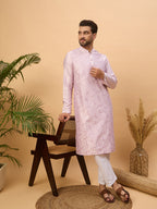 Men Lavender Silk Blend Solid Embroidered Straight Kurta-MKU1447