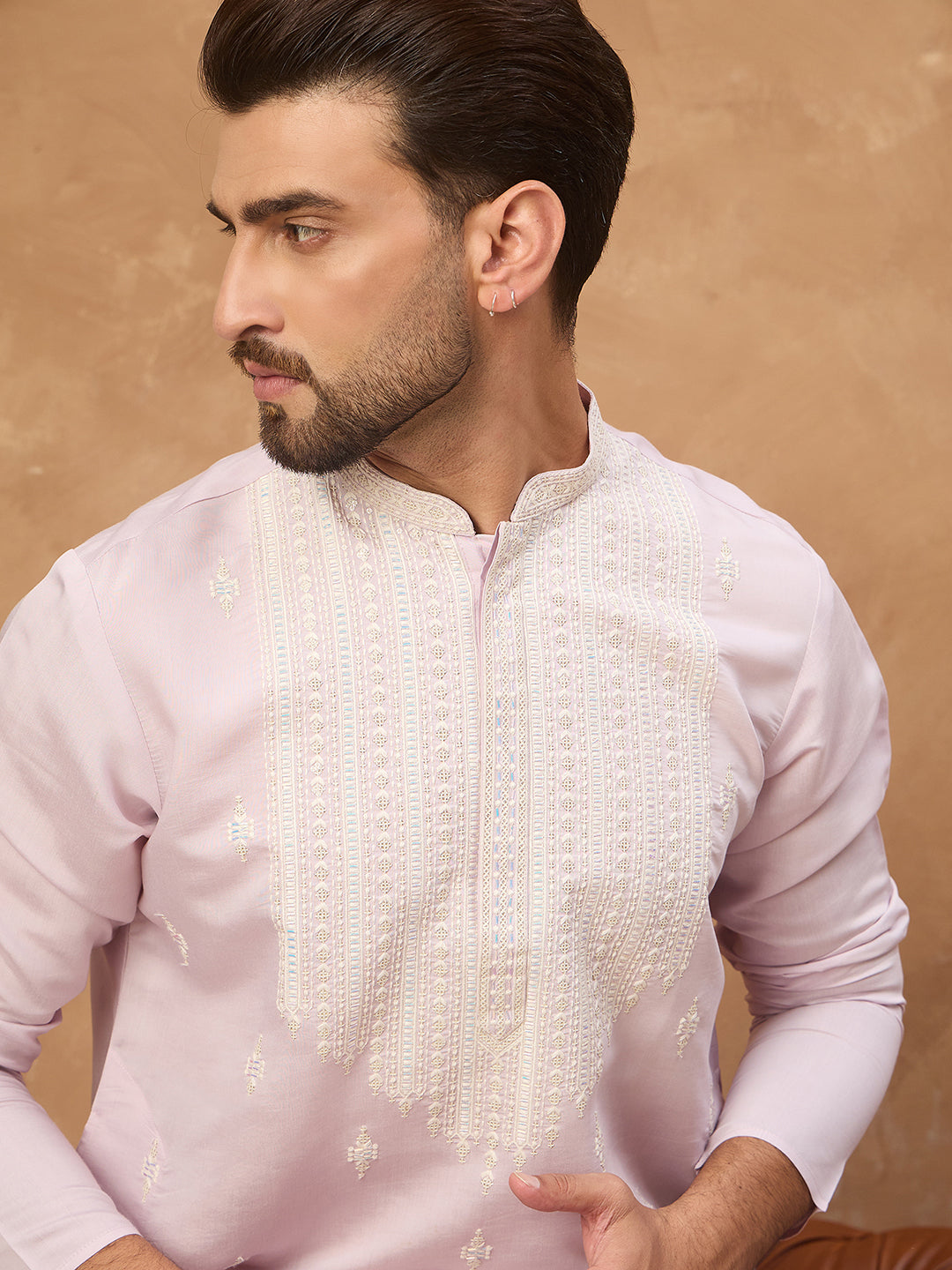 Men Lavender Silk Blend Solid Embroidered Straight Kurta-MKU1448