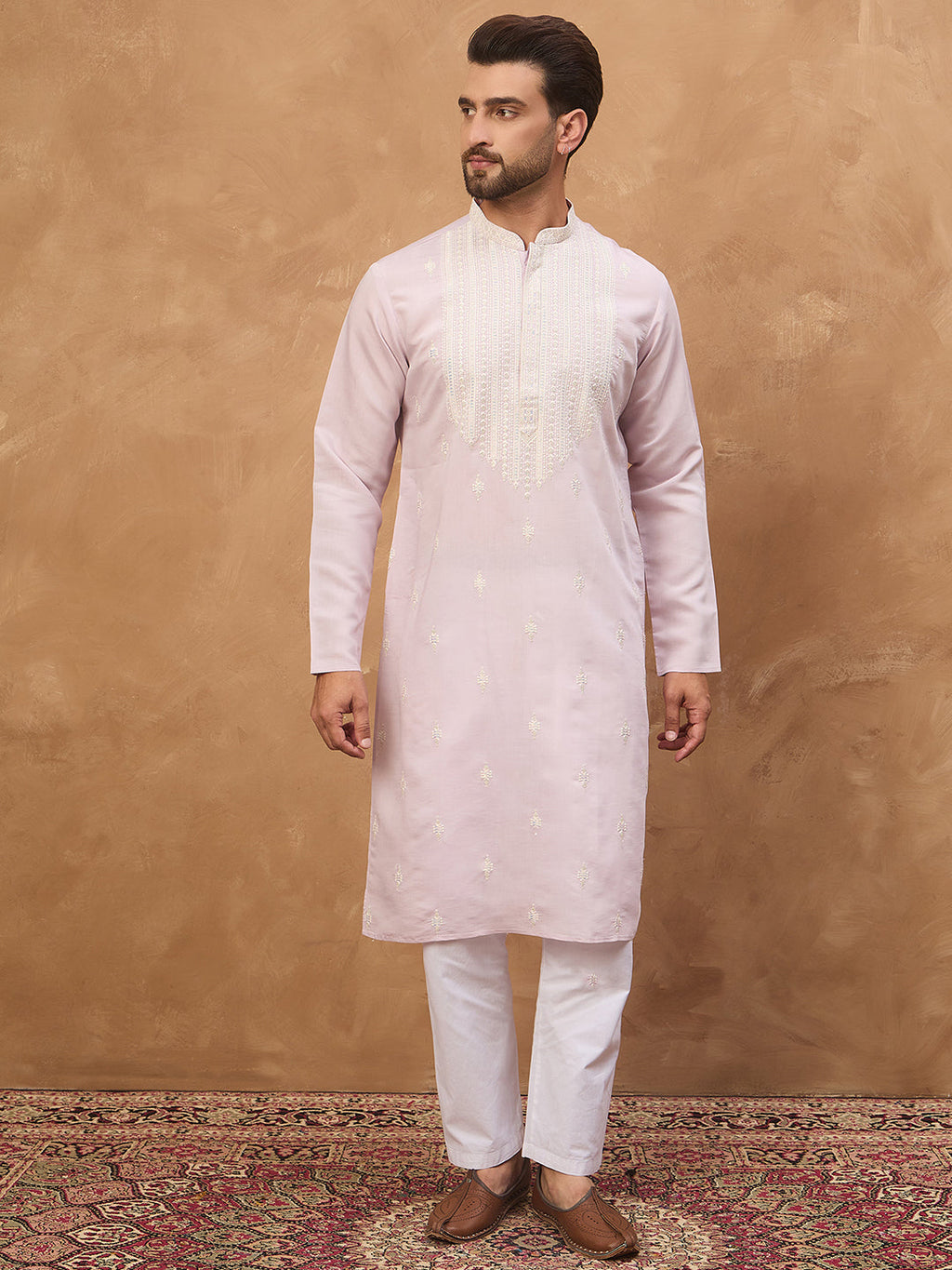 Men Lavender Silk Blend Solid Embroidered Straight Kurta-MKU1448