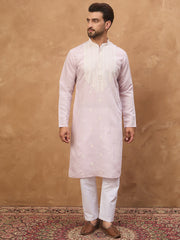 Men Lavender Silk Blend Solid Embroidered Straight Kurta-MKU1448