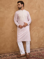 Men Lavender Silk Blend Solid Embroidered Straight Kurta-MKU1448