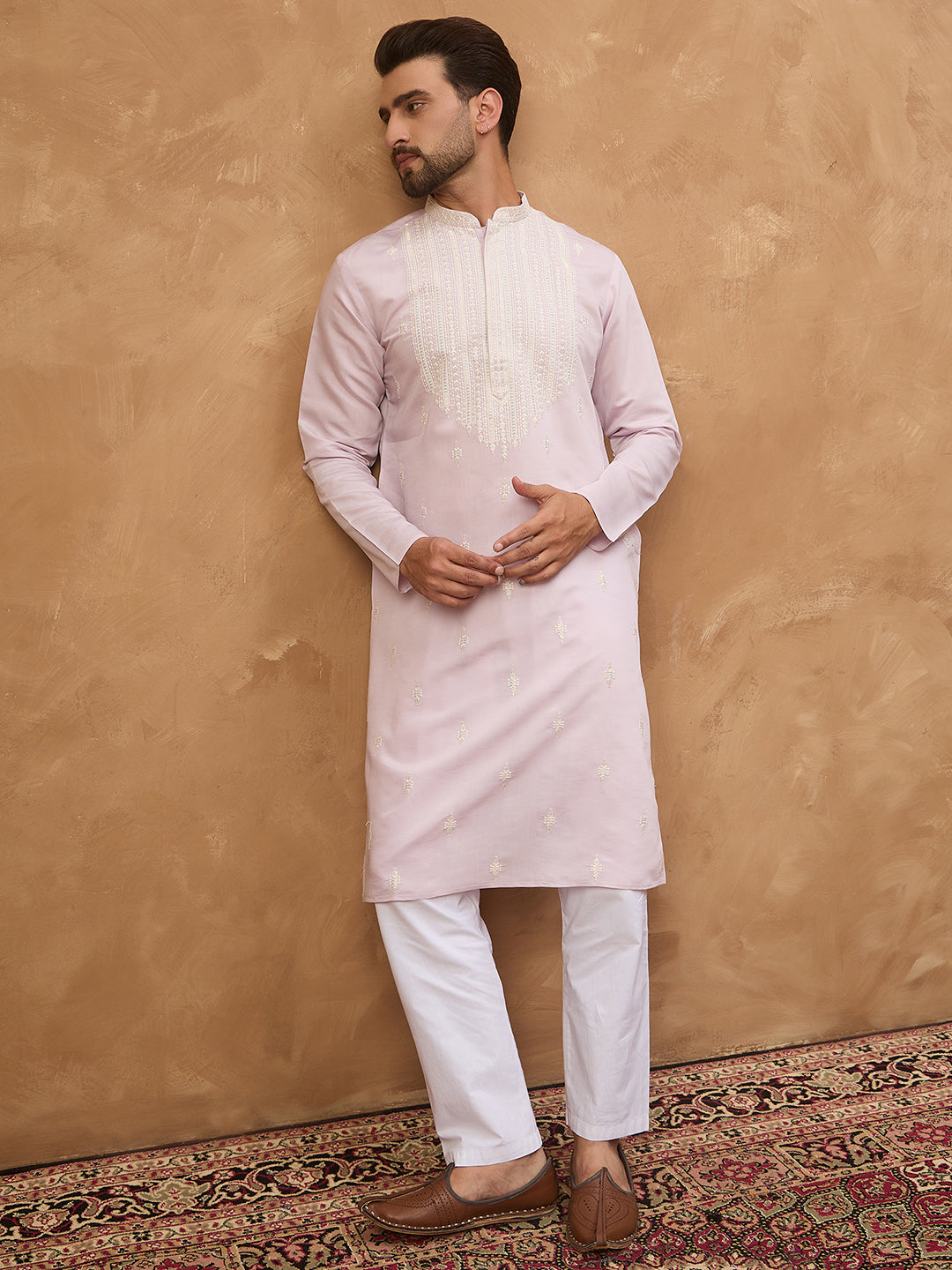 Men Lavender Silk Blend Solid Embroidered Straight Kurta-MKU1448