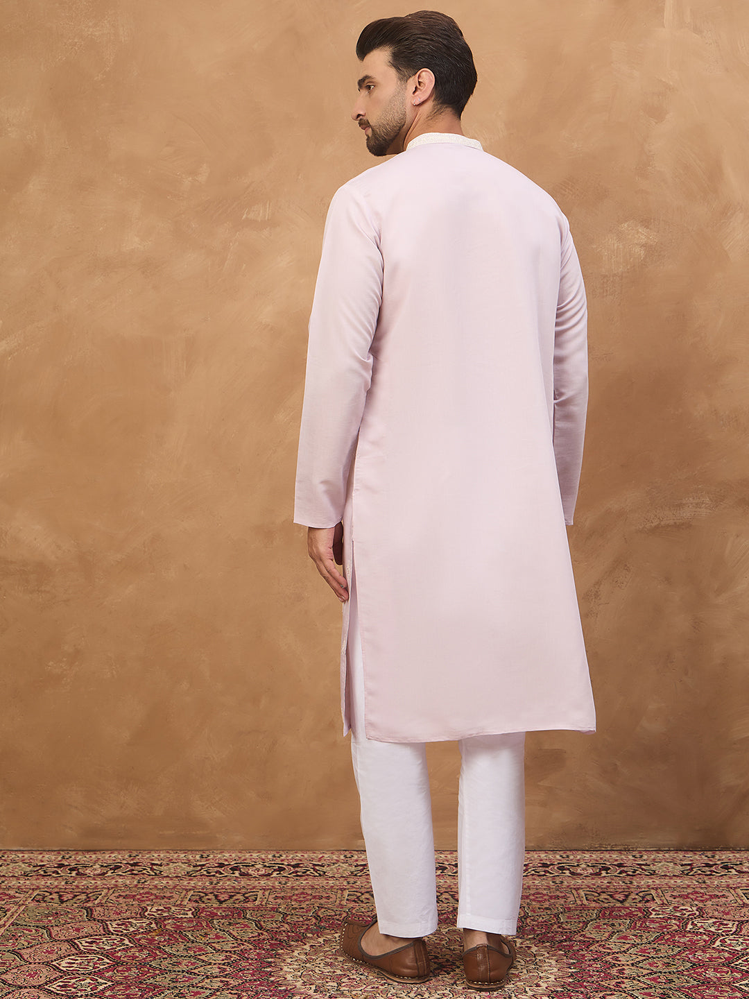 Men Lavender Silk Blend Solid Embroidered Straight Kurta-MKU1448
