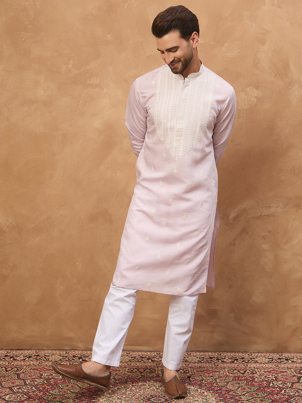 Men Lavender Silk Blend Solid Embroidered Straight Kurta-MKU1448