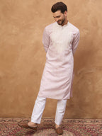 Men Lavender Silk Blend Solid Embroidered Straight Kurta-MKU1448