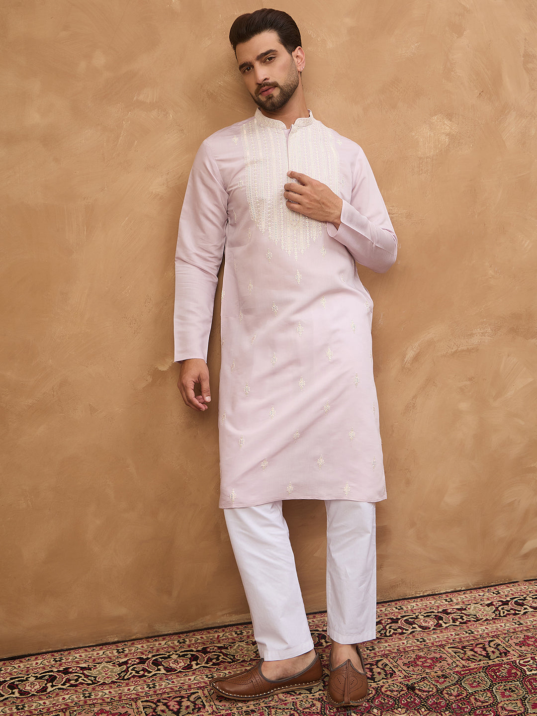 Men Lavender Silk Blend Solid Embroidered Straight Kurta-MKU1448