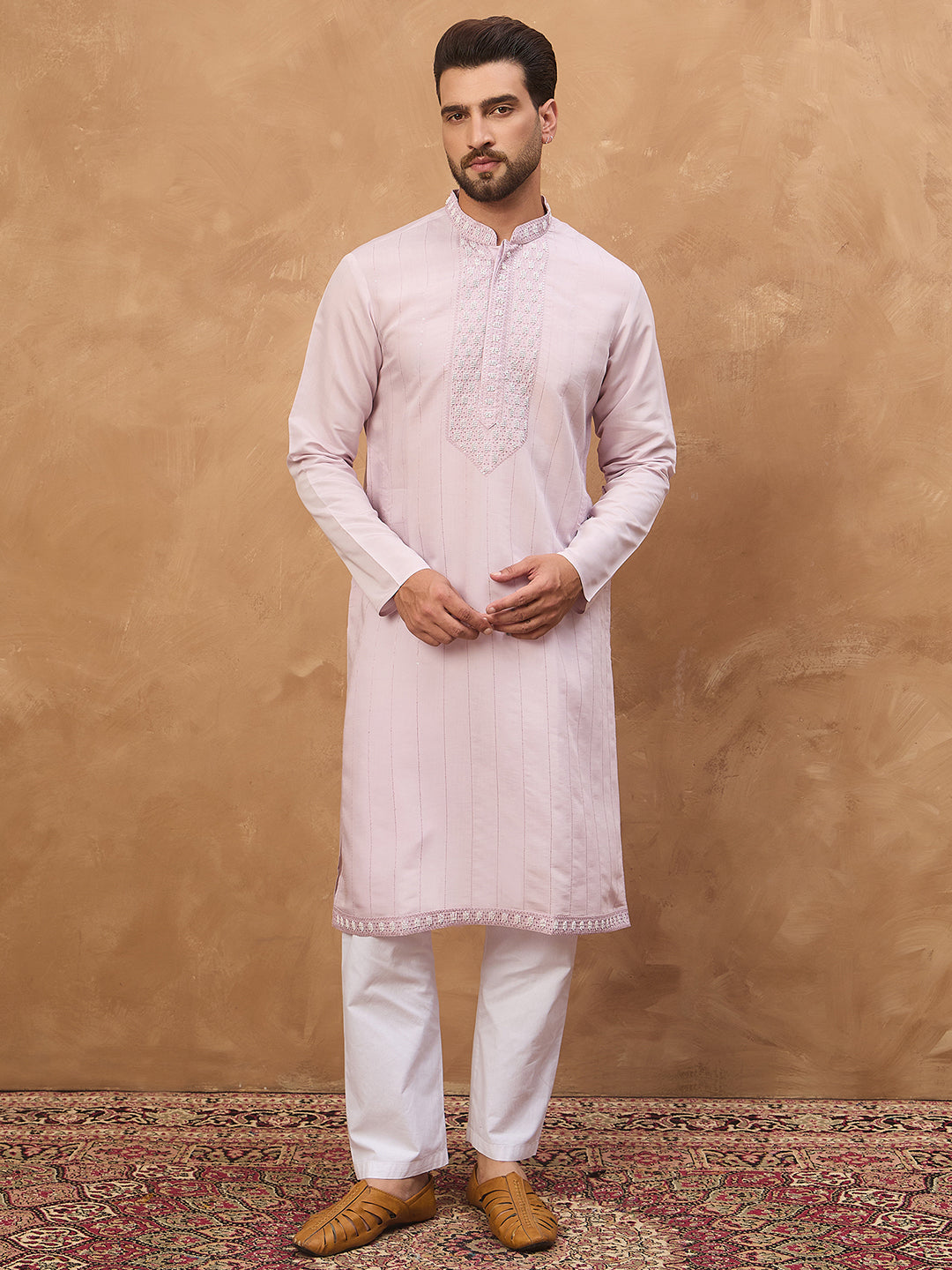 Men Lavender Silk Blend Solid Embroidered Straight Kurta-MKU1449