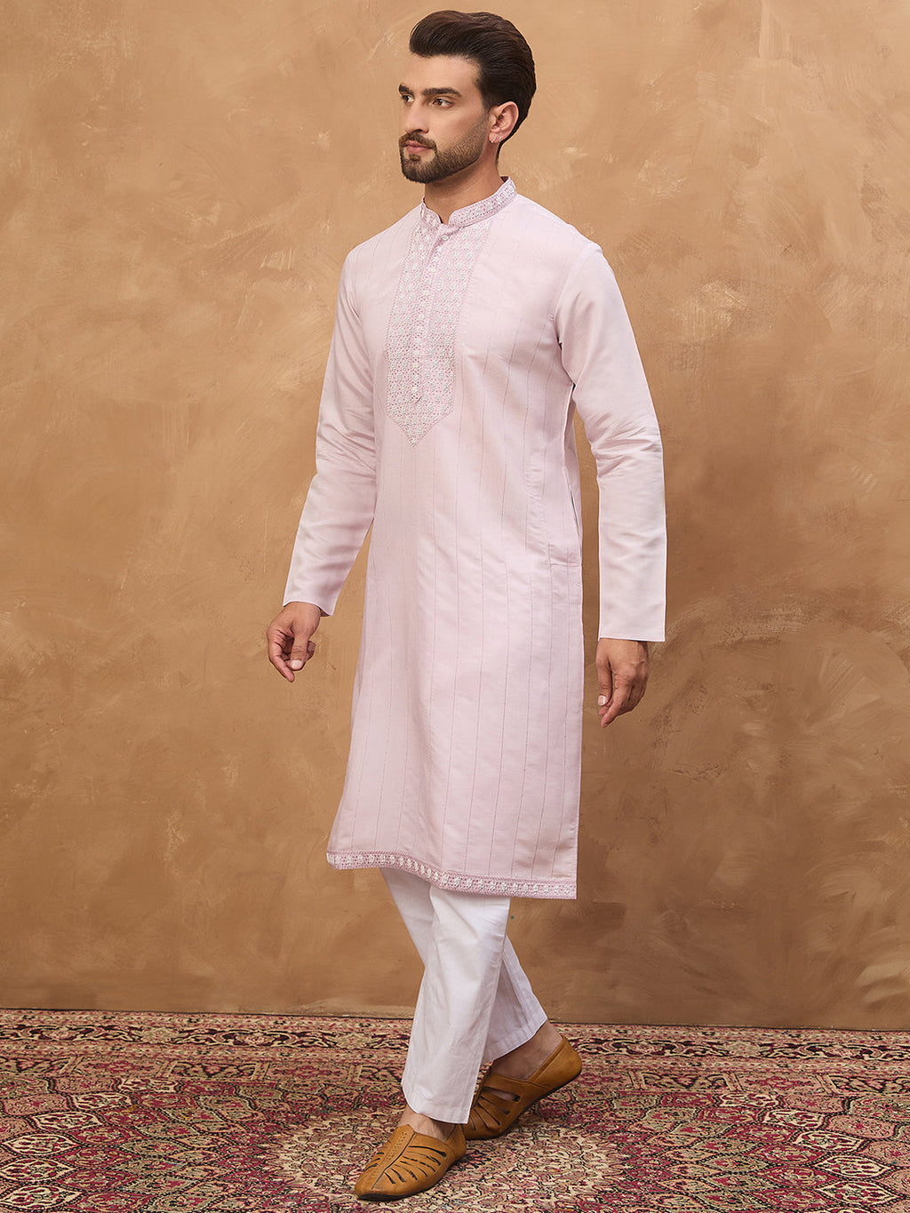 Men Lavender Silk Blend Solid Embroidered Straight Kurta-MKU1449