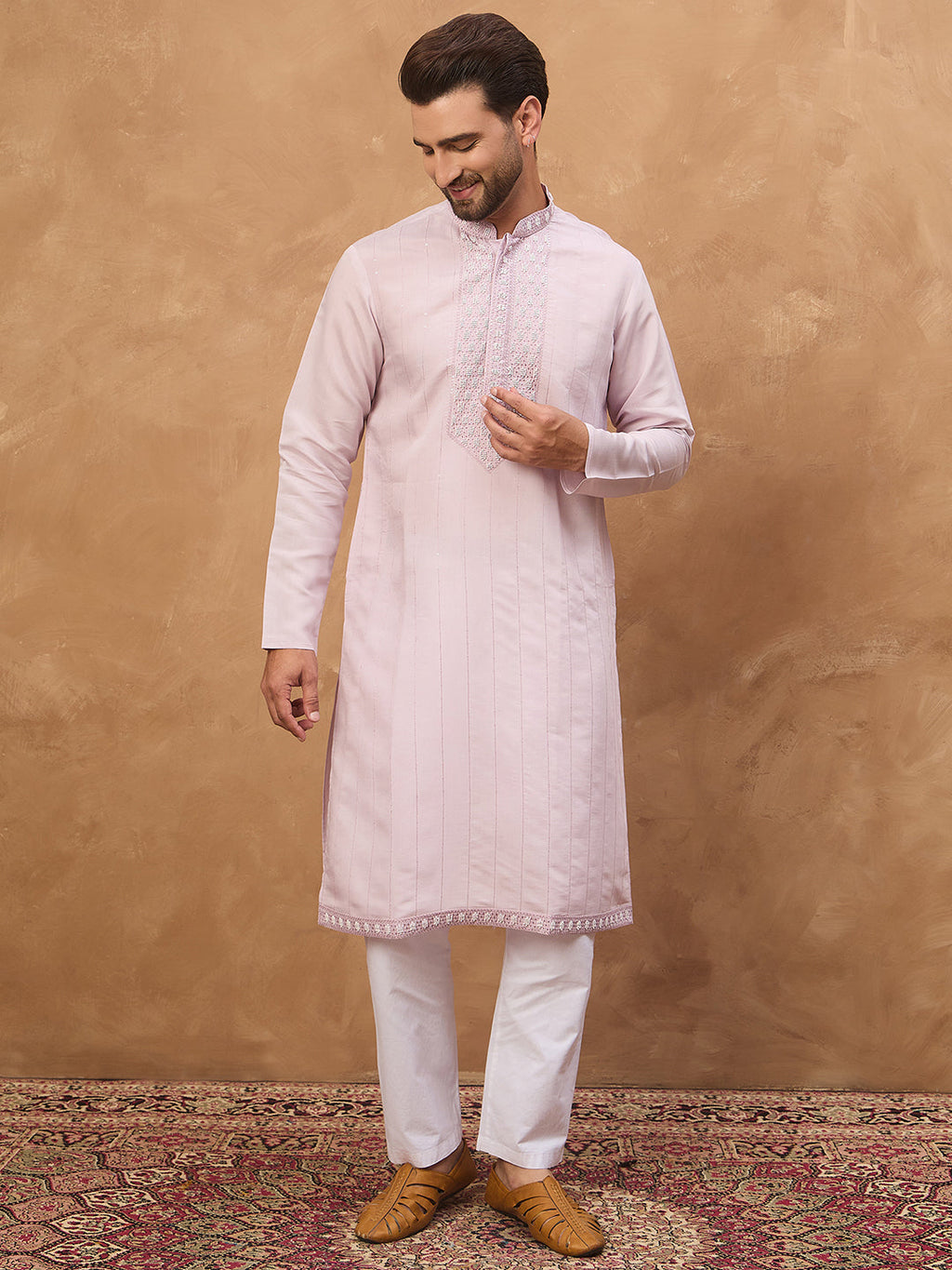 Men Lavender Silk Blend Solid Embroidered Straight Kurta-MKU1449